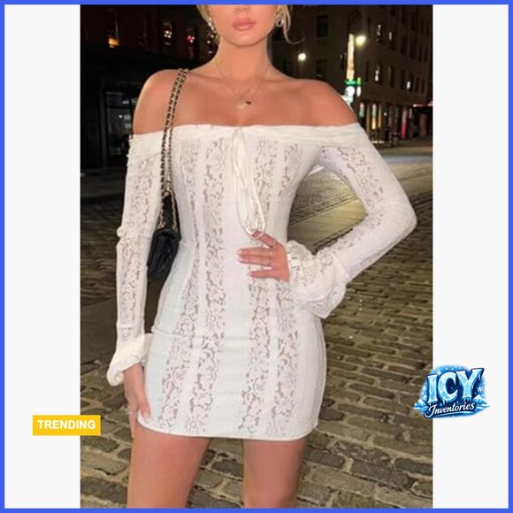 Off Shoulder Lace Maxi Dress Bell Sleeve Bodycon Mermaid Mesh - Picture 2 of 7